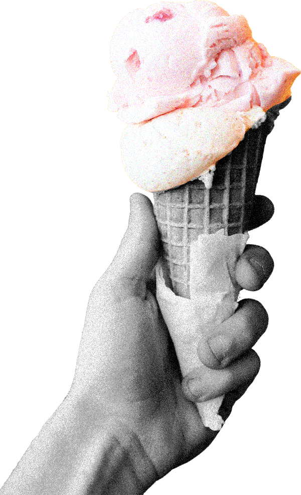 Black and white photo of hand holding an icecream, with a grainy texture