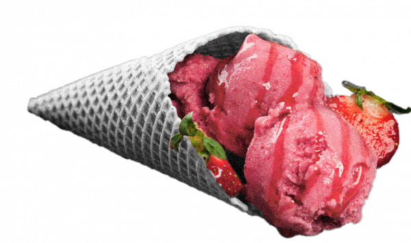 Strawberry icecream in a cone on its side